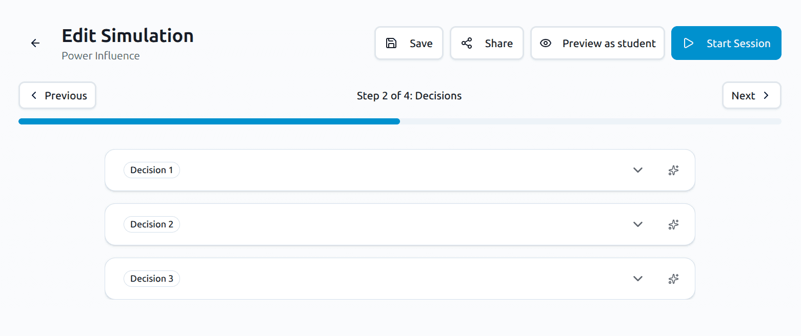 Edit simulation decisions: structure choices and options for students