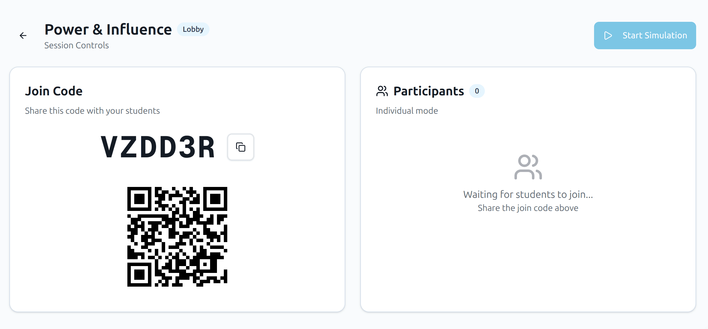 Session lobby with join code, QR code, and participant list