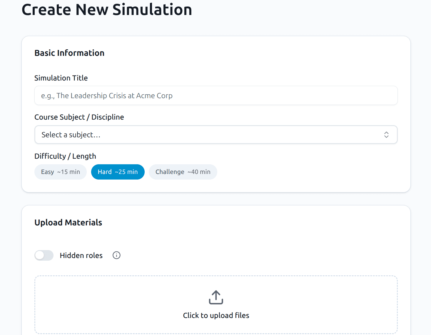Create or upload a new simulation