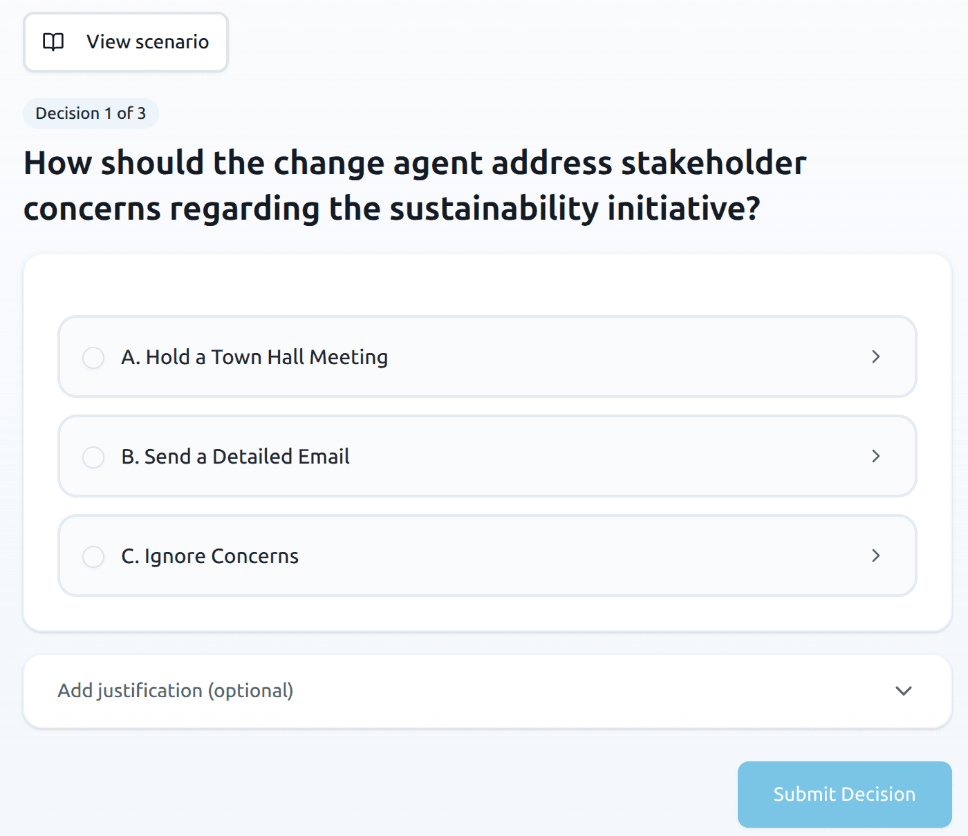 Student view while taking the simulation: decisions and submit flow