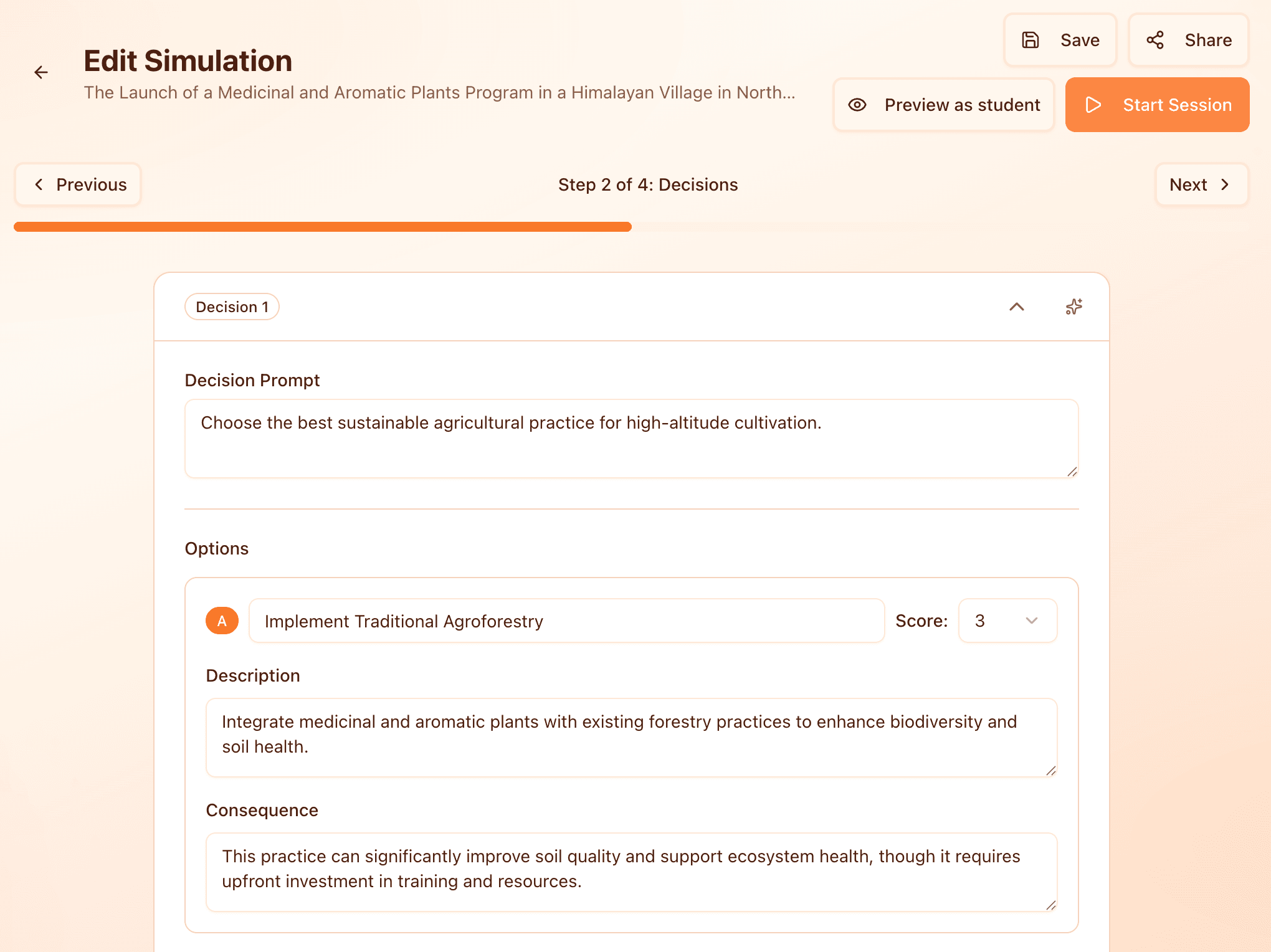 Edit simulation decisions: structure choices and options for students