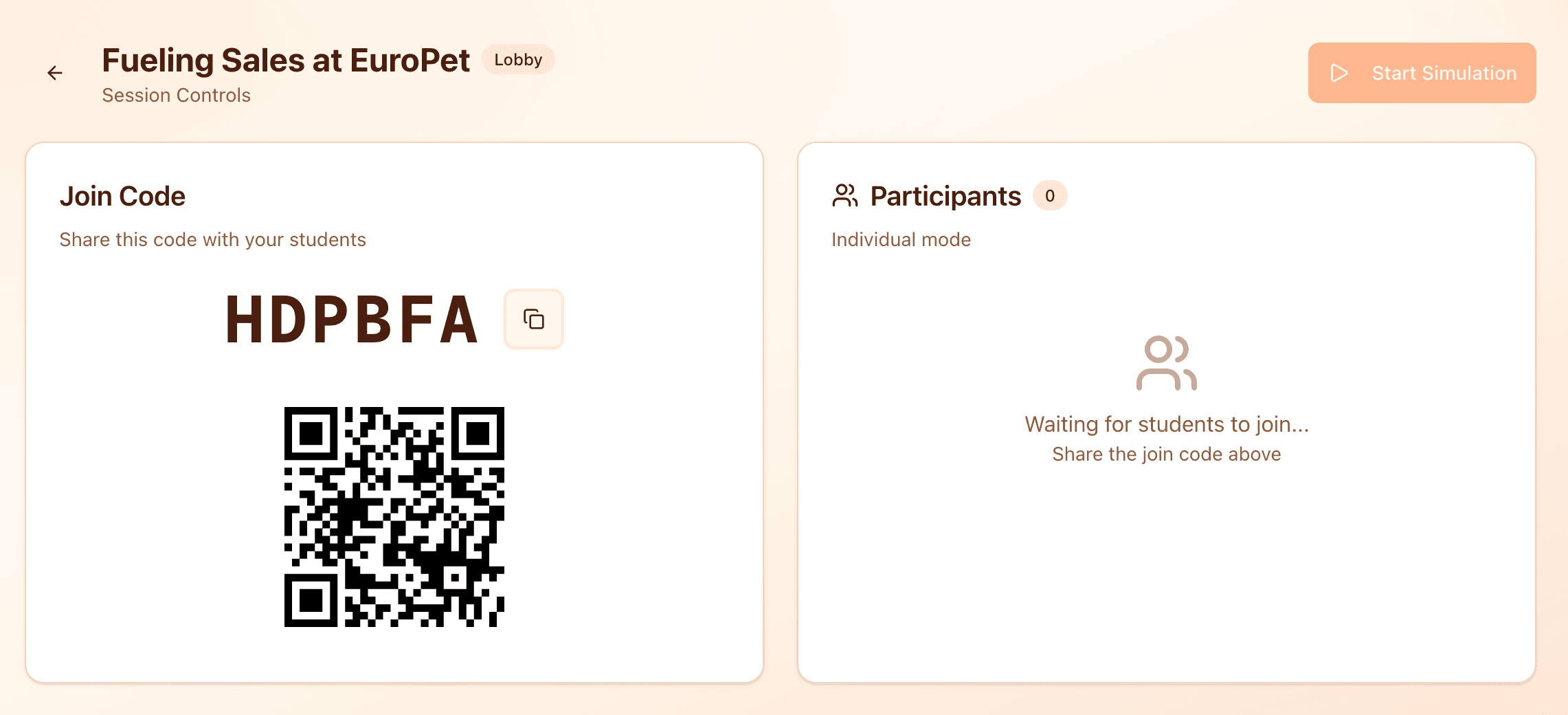 Session lobby with join code, QR code, and participant list
