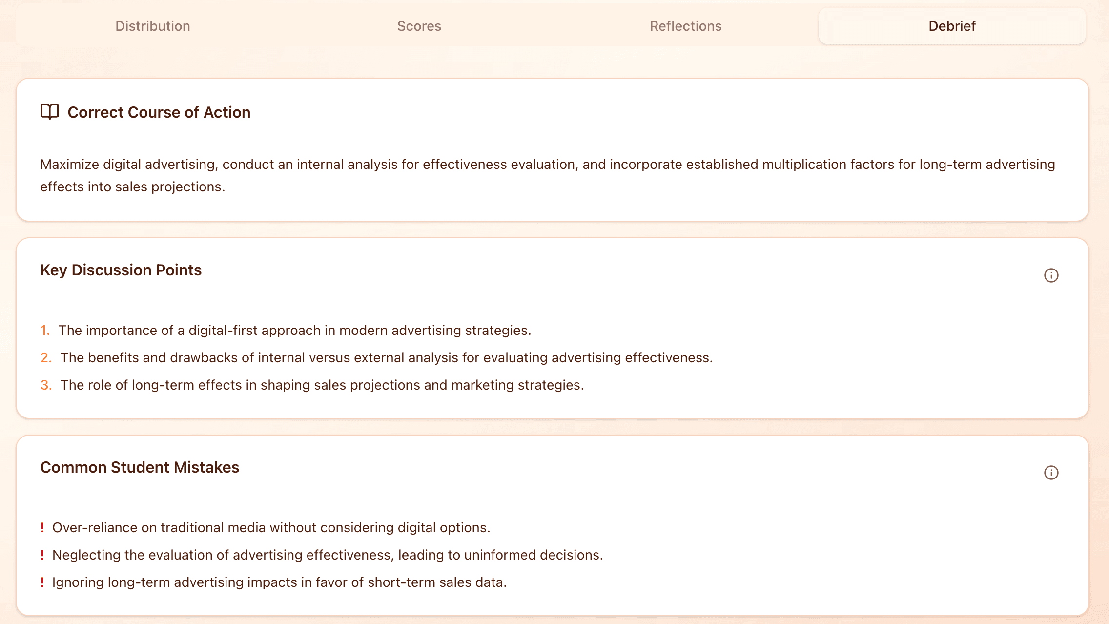 Additional results view showing debrief analytics and response insights